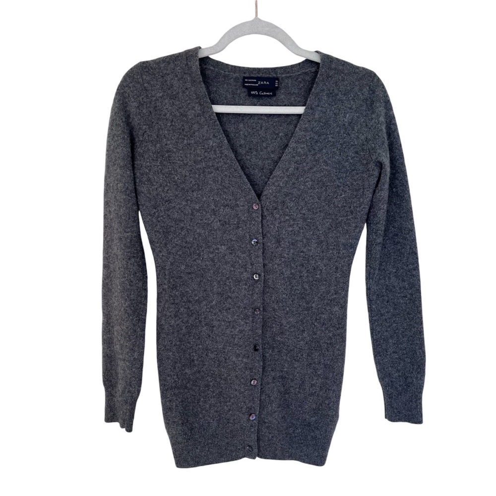 Zara 100% Cashmere V-Neck Button Front Slim Fit Classic Cardigan Charcoal Gray